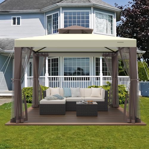 Patio Gazebo Tent Outdoor Canopy Shelter 10'x10' with Removable Netting,100 Square Feet of Shade for Garden, Backyard Deck and Lawns (Beige)