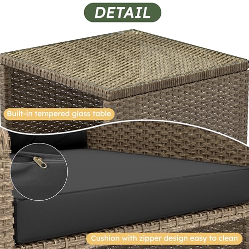 GULAIMOAO Balcony Furniture 5 Pieces Patio Set, Hand-Woven Rattan Patio Conversation Set with Soft Cushions & Coffee Table, Outdoor Chairs with Hidden Ottoman for Porch, Lawn, Garden, Balcony, Black