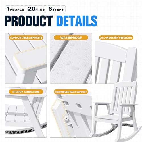 Devoko PP Material Rocking Chair Outdoor Indoor All Weather High Back Patio Rocker for Adult Heavy Duty Rocking Chair for Patio Backyard Porch Garden (Heavy Duty, White)