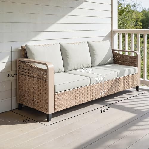 Outsunny Outdoor Patio Couch with Wide and Deep Seat, 3 Seater Wicker Outdoor Sofa with Wide Metal Armrests, Patio Furniture Couch with Cushions for Porch, Garden, Backyard, Beige