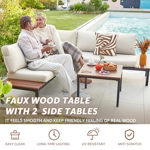 NATURAL EXPRESSIONS Outdoor Furniture Set, L Shape Patio Sectional, Metal Corner Couch Sofa Set with Side Tables, Detachable Backrest, Fauxwood Coffee Table, Beige Olefin Cushions for Garden Deck