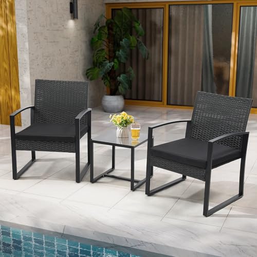 Murago 3-Piece Patio Bistro Set - Outdoor Rattan Conversation Chair Set with Glass Coffee Table & Cushions - Perfect for Balcony, Porch, Garden, Poolside, Black/Black