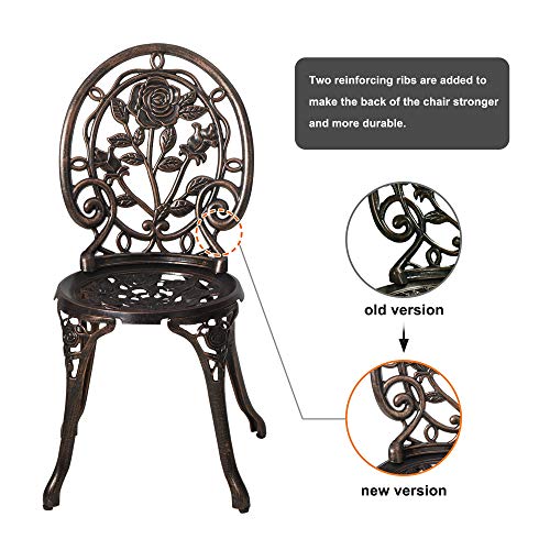HOMEFUN Bistro Table and Chairs Set of 2 Outdoor 3 Piece Patio Set, Rose Pattern Cast Aluminum Bistro for Garden Balcony, Durable Rust All-Weather Resistance, Rose Bronze