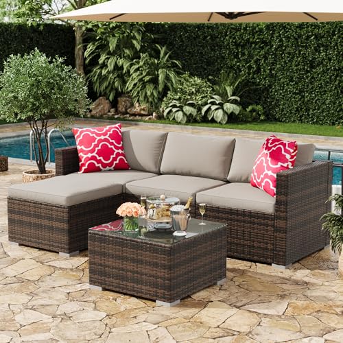 MilleLoom 5-Piece Outdoor Sectional Sofa Set, All-Weather PE Rattan Patio Furniture with Ottoman & Tempered Glass Table, Convertible Garden Couch for Backyard, Porch, Poolside (Brown/Light Gray)