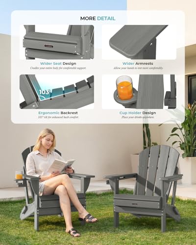 Ciokea Folding Adirondack Chair 2 Pack, Patio Adirondack Chair Weather Resistant, Plastic Fire Pit Chair with Cup Holder, Lawn Chair for Outdoor Porch Garden Backyard Deck (Grey)