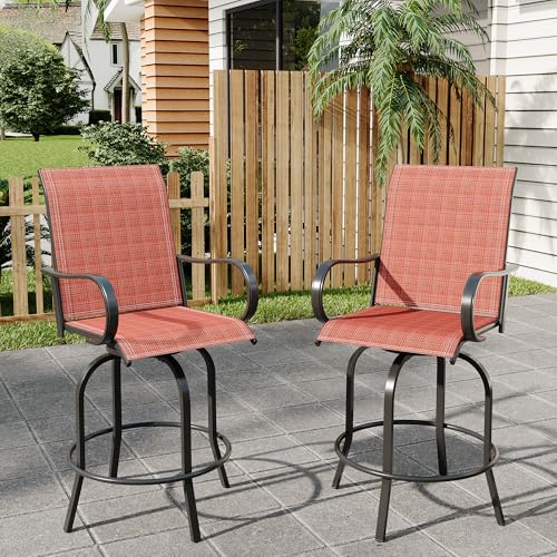 Outdoor Swivel Bar Stools Set of 2, Bar Height Patio Chairs with High Back & Armrest, All-Weather Textilene Fabric 360° Swivel Tall Barstools for Patio, Deck, Backyard, Garden
