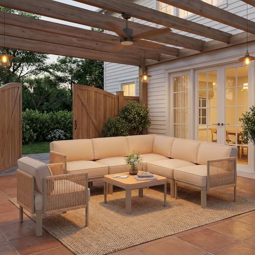 EROMMY 7 Pieces Patio Sectional Furniture Set, Aluminum Frame Outdoor Conversation Set with Single seat, 6" Thick Cushions & Coffee Table, All-Weather Sofa for Poolside, Deck & Backyard, Beige