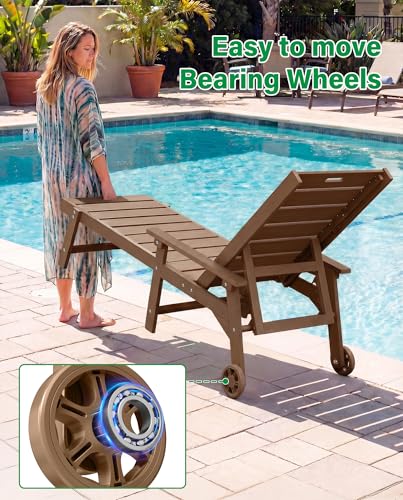 YEFU Lounge Chair Outdoor Set of 2: Outdoor Chaise Lounge with 5-Level Adjustable Backrest, Cup Holders & Wheels, All-Weather Resistance Chaise Lounge for Outside/Patio/Beach/Deck, Teak