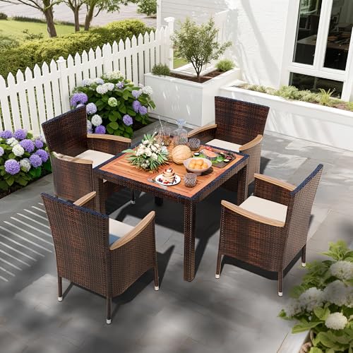 Shintenchi 5 PCS Patio Dining Set, Wicker Outdoor Table and Chairs with Soft Cushions, Patio Furniture Set with Wood Table Top for Backyard, Deck and Garden, Brown Wicker