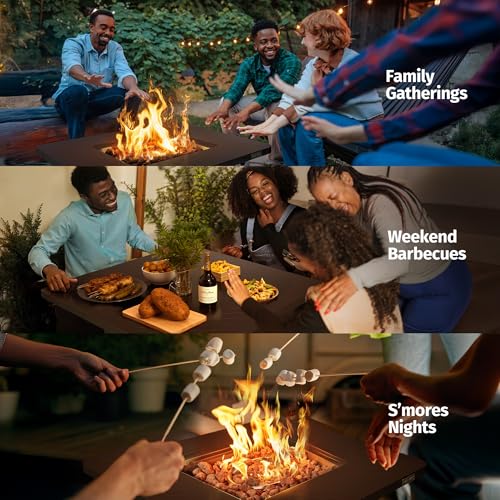 East Oak 28'' Propane Fire Pit Table, 50,000 BTU Steel Gas FirePit for Outdoor, Outside Patio Deck and Garden, CSA Certified Fire Table with Magnetic Lid, Cover-Storage Basket and Lava Rock, Brown