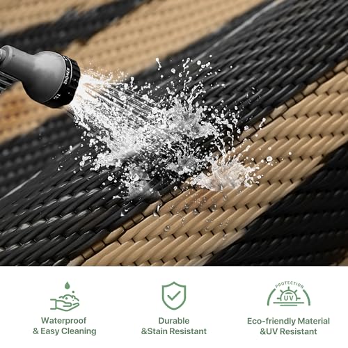 GENIMO Outdoor Rug Waterproof 8'x10' for Patio, Foldable Reversible Plastic Straw Carpet for Travel Trailers, Outside Area Mat for Rv, Deck, Picnic, Porch, Camper, Balcony, Beach, Black & Brown