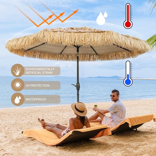 CBFULLRES 8FT Tiki Umbrella, Patio Umbrella Thatched Umbrella Outdoor Patio, Upgrade with UPF 50+, Tiki Beach Umbrellas with Zinc Alloy Push Button Tilt and for Pool Backyard