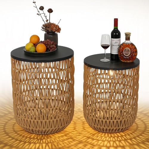 HMVPL Solar Outdoor Side Table Set of 2 with Dimmable Light, Round Patio Side Table for Outside, Outdoor End Accent Tables, Plastic Rattan Patio End Table for Poolside Backyard Gazebo, Dusk to Dawn