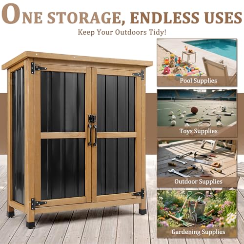 PetsCosset Weatherproof Outdoor Storage Cabinet with Lockable Doors, Wood & Metal Garden Storage Shed Patio Storage Box for Tools & Lawn Equipment, Pool Accessories