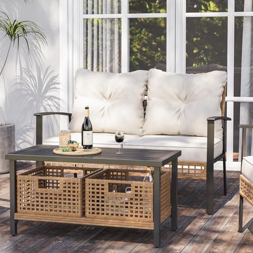 LAUSAINT HOME Outdoor Patio Loveseat with Coffee Table Set of 2, 2 Pieces Comfortable Oversized Wicker Furniture Conversation Set, Rattan Bistro Set for Backyard, Porch, Garden and Poolside, Beige