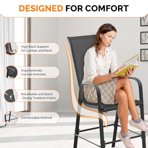 VINGLI Set of 2 Stackable Outdoor Bar Stools – Sling Chairs with High Back & Armrests, for Lawn, Garden, Bar, Black