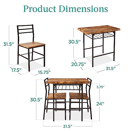 Best Choice Products 3-Piece Modern Dining Set, Space Saving Dinette for Kitchen, Dining Room, Small Space w/Steel Frame, Built-in Storage Rack - Medium Brown/Black