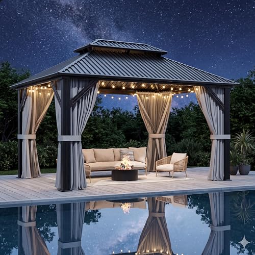 AirWire 10'x12' Gazebo Hardtop Gazebo, Aluminum Frame Pergola with Double Galvanized Steel Roof, Permanent Outdoor Metal Canopy with Curtain & Netting for Patio, Backyard, Deck, Dark Grey