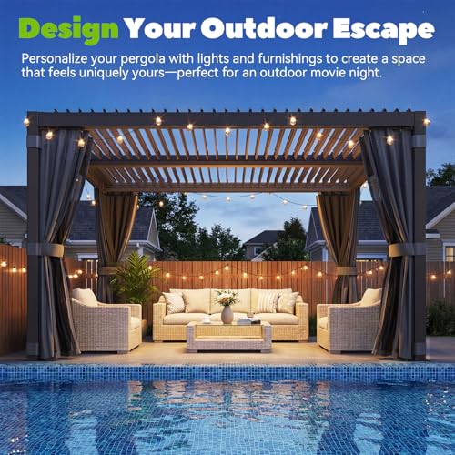 MELLCOM Louvered Pergola 10x12, Outdoor Rustproof Shelter with Adjustable Roof, Steel Aluminum Gazebo with Waterproof Curtains and Netting for Patio Deck, Dark Grey