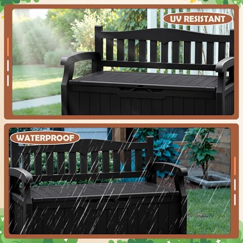 JUMMICO 80 Gallon Resin Outdoor Storage Bench, Large Deck Box with Armrest, Lockable&Waterproof for Garden, Home, Patio, Pools (Black, 80 Gallon)