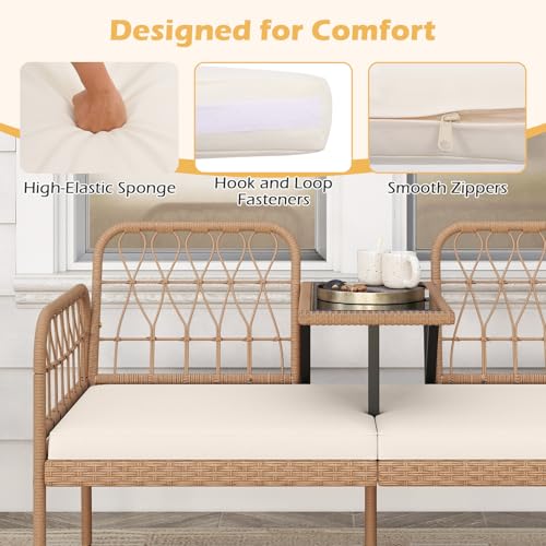 Tangkula Outdoor Loveseat with Built-in Coffee Table, Patio Wicker Conversation Sofa for 2 with Padded Cushion, for Lawn, Garden and Backyard (Off White)