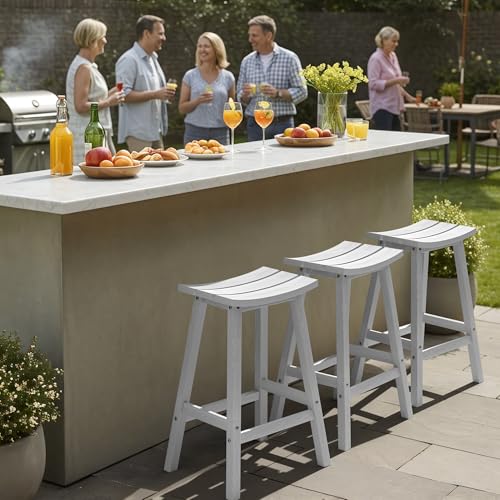Ciokea 2 Set 29" Outdoor Bar Stools Heavy Duty HDPE Outdoor Stools Waterproof Weatherproof Patio Seats Modern Bar Height Tall BarStools for Bar Deck Balcony Kitchen Yard, White