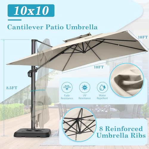 HOTEEL 10x10ft Patio Umbrella Cantilever Umbrella Double Top - Upgrade and Intensify - 360 Rotation and 5 Angles Adjustment - Aluminum Offset Pool Umbrella Outdoor Umbrellas for Patio Garden Deck Pool,Beige