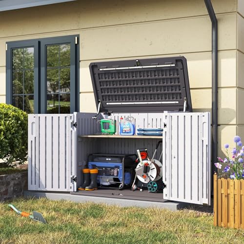 Aoxun Outdoor Storage Cabinet 35 Cu.Ft Resin Waterproof Horizontal Storage Shed for Garbage Bin, Generator, and Lawn Mower (White)