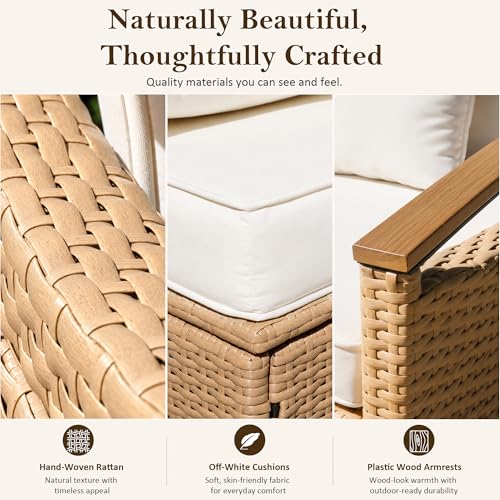 Ancelny Boho Outdoor Daybed, Natural Rattan Patio Loveseat with Storage Ottoman & All-Weather Plastic Wood Armrests, 1-Box Delivery Double Chaise Lounge w/Weather-Resistant Cushions,Beige