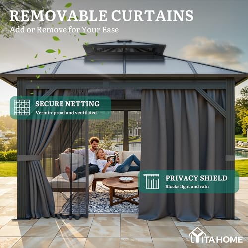 YITAHOME 10x10FT Gazebo Polycarbonate Hardtop Double Roof Canopy Outdoor with Netting and Shaded Curtains, Metal Frame Garden Tent for Patio, Backyard, Deck and Lawns, Grey