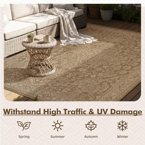 MontVoo-Outdoor Rug-Patio Rug 5x7 ft Polypropylene Indoor Outdoor Rugs Carpet for Patio Deck Balcony Porch, Textured Weave, Durable for High Traffic, Fade-Resistant, Vintage Medallion Neutral Brown