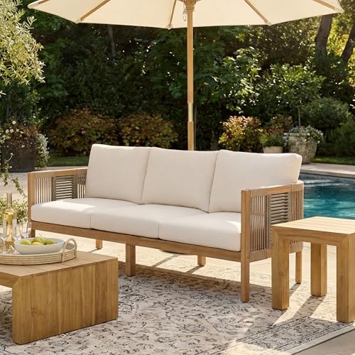 Christopher Knight Home Outdoor Acacia Wood 3-Seater Sofa, 76'' Upholstered Cushion Couch, Patio Acacia Wood Bench Sofa, Spacious Outdoor Seating Bench Couch for Garden Porch Balcony, Teak+Beige