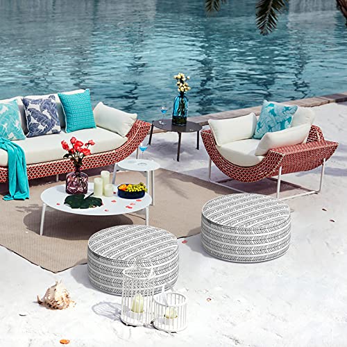 TWLEAR Indoor/Outdoor Inflatable Ottoman D21 x H9 inch, Round Footstool Inflatable Foot Rest Ottoman with Handle, Portable Ottomans Pouf for Patio, Garden, Camping, Home, Herringbone Black White