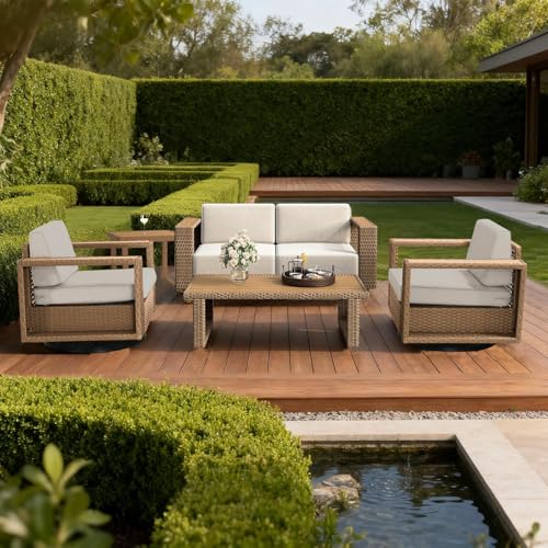 XTWEEX 6 Pieces Outdoor Patio Furniture Set, Rocker Chairs and Sofa with 10 inch Thick Cushions and Steel Frame and Wooden Board, PE Rattan Weaving Outdoor Conversation Set Brown/Light Gray Linen