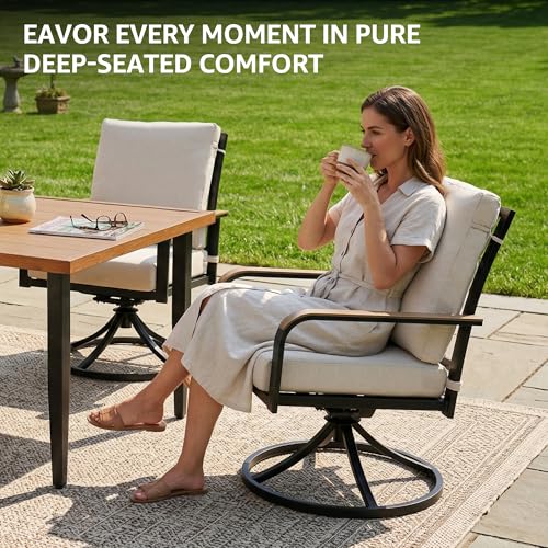 NATURAL EXPRESSIONS 5 Piece Outdoor Patio Dining Sets, 4pcs Swivel Dining Chairs & Square Woodgrain Dining Table with 1.65”Umbrella Hole for Lawn, Garden, Deck, Backyard and Porch