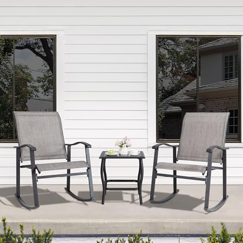 Shintenchi 3 Piece Rocking Bistro Set, Outdoor Furniture with Rocker Chairs and Glass Coffee Table Balcony, Porch Furniture for Small Space, Gray