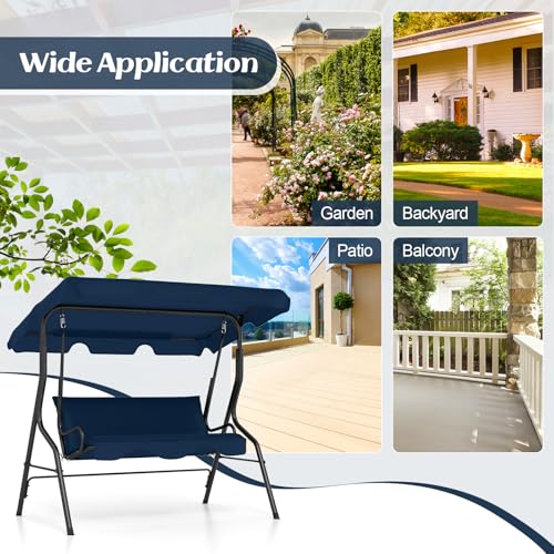 Tangkula 3 Person Porch Swing, Patio with Removable Cushion & Powder-Coated Steel Frame, Outdoor Swing with Canopy for Porch, Backyard, Garden, Balcony(Navy)