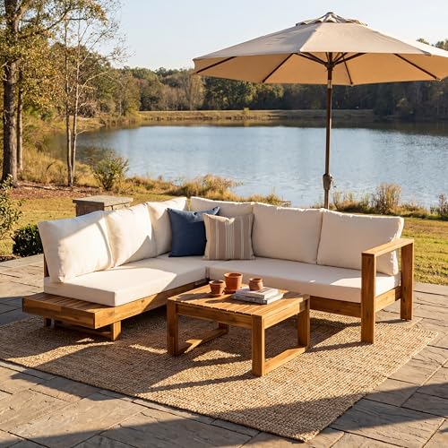 Christopher Knight Home Tenny 5-Seater Acacia Wood Patio Furniture Set, Outdoor Conversation Set with Coffee Table, Patio Sectional Sofa Set for Backyard/Balcony, Teak+Beige