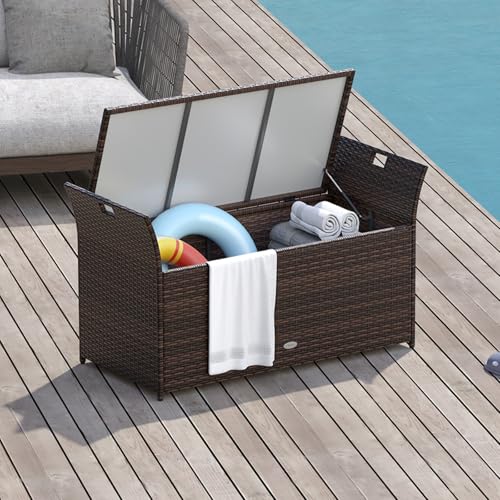 RELAX4LIFE Wicker Outdoor Storage Bench - 68 Gallon Rattan Deck Box w/Side Handles & Soft Cushion for Pillows, Garden Tools, Pool Accessories, Sports Equipment, Patio Bench with Storage for Porch