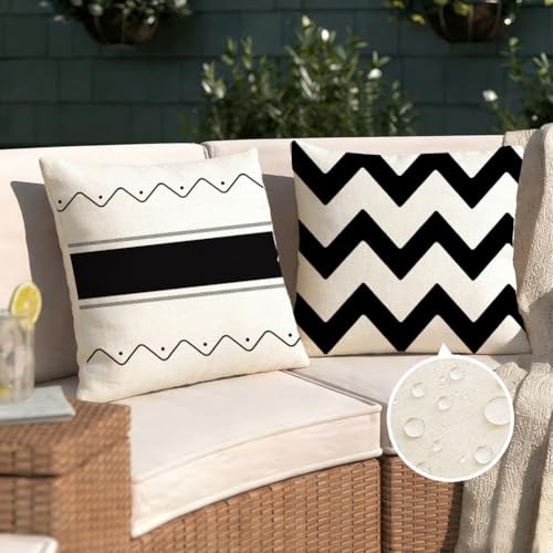RABUSOFA Outdoor Pillow Covers Waterproof 18x18 Inch,Black Modern Geometry Decorative Cushion Cases Decoration for Patio Furniture Sunbrella Garden Set of 4 (Black, 18" x 18" (Pack of 4))