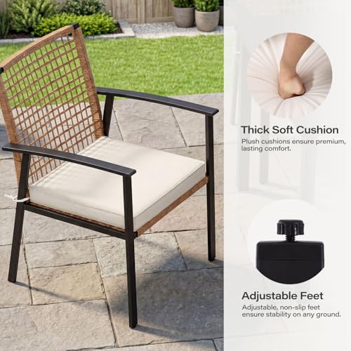 LAUSAINT HOME 5 Pieces Outdoor Patio Dining Set, Wicker Patio Furniture Set of 4 Chairs with Soft Cushion and Square Table with Umbrella Hole, Conversation Set for Backyard, Garden and Poolside