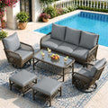 AECOJOY Patio Furniture Set Outdoor Sectional Sofa Couch and High Back Swivel Rocker Patio Chairs 6PCS Brown Wicker Conversation Set (Dark Grey, 6PCS- Whole Set)