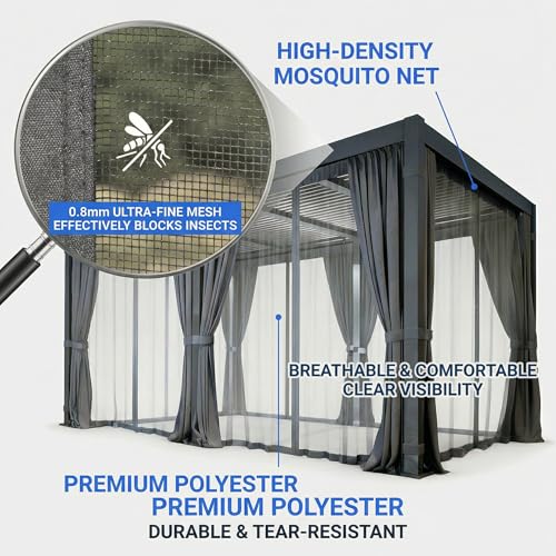 Louvered Pergola 10x12FT, Outdoor Aluminum Pergola with Adjustable Louvered Roof, Weather-Resistant Metal Pergola Shade Structure with Waterproof Curtains and Nets for Garden, Backyard, Poolside