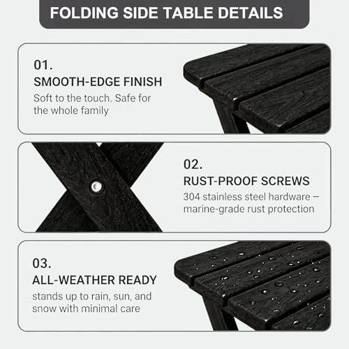 Polyhouz Folding Outdoor Side Table,Small HDPE Patio Table,All-Weather Compact Portable End Table for Patio,Porch,Pool,Black,11.8" D x 15.7" W x 15.7" H