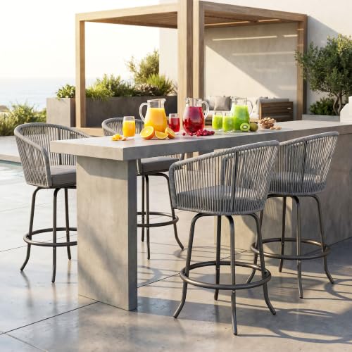 YITAHOME 27" Bar Stools Set of 2 with Arms & Cushions, 360° Swivel Outdoor Bar Stools, All Weather Counter Height Bar Stools Set of 2 with Curved Back for Backyard, Kitchen Island, Dining Room, Gray