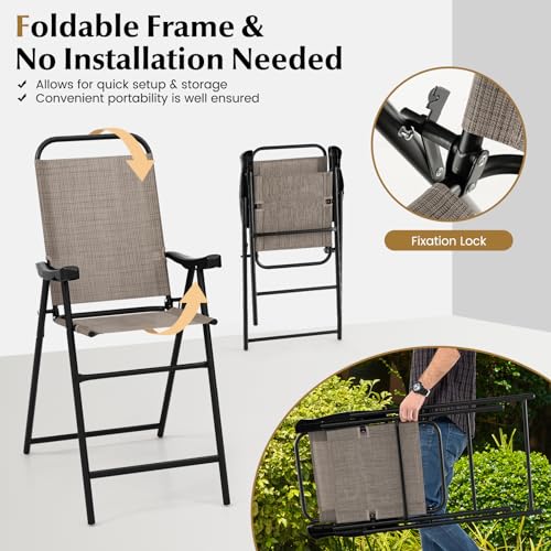 COSTWAY 2 Pieces Patio Folding Bar Chairs, High Top Patio Bar Chair with Metal Frame & Footrest, Outdoor Counter Height Chairs for Balcony, Garden & Poolside, Coffee (1, Coffee)