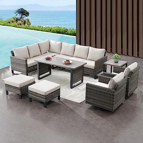Belord Outdoor Sectional Sofa 6 Seater L Shaped Couch Wicker Patio Conversation Furniture Set with Tree-Grain Finish Metal Dining Table, Rattan Outdoor Furniture with Removable Washable Cushion Beige