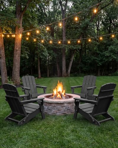 SUUNYN Folding Adirondack Chair, HDPE All-Weather Fire Pit Chairs, Plastic Adirondack Chairs with 2 Cup Holder, Outdoor Lawn Chair for Patio Garden (Black)