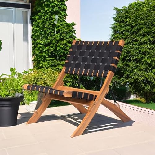 Balkene Home 62774 Sava Indoor Outdoor Folding Chair Low Slung Portable Seating Solid Acacia Wood Woven Seat & Back Indoors Porch Lawn Garden Fishing Sporting - Black Webbing