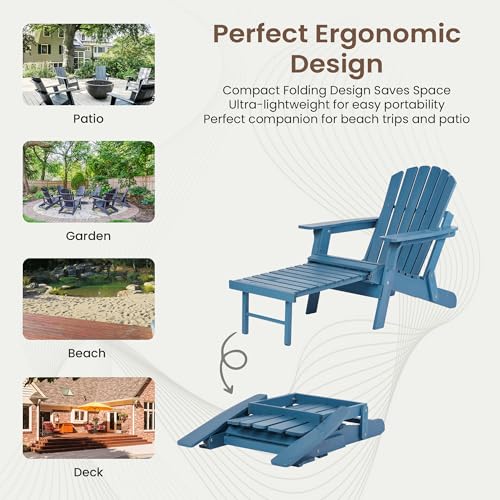 LDB_BUILDING Oversized Folding Adirondack Chair with Retractable Ottoman - Solid Wood Outdoor Lounge Chair for Patio Garden Backyard Porch, Weather-Resistant & Pre-Assembled, Blue